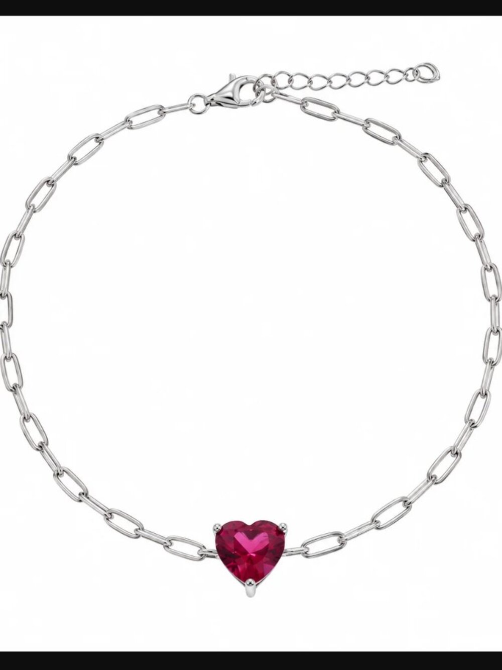 Sterling Silver 925 Rhodium Plated CZ Heart Paper Link Chain Bracelet